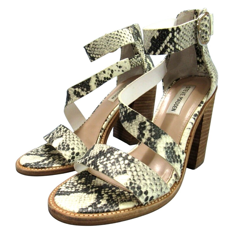 STEVE MADDEN Collins GRAY/OFF-WHITE Moc Snake FAUX LEATHER Strappy HEELS Sz 7.5M